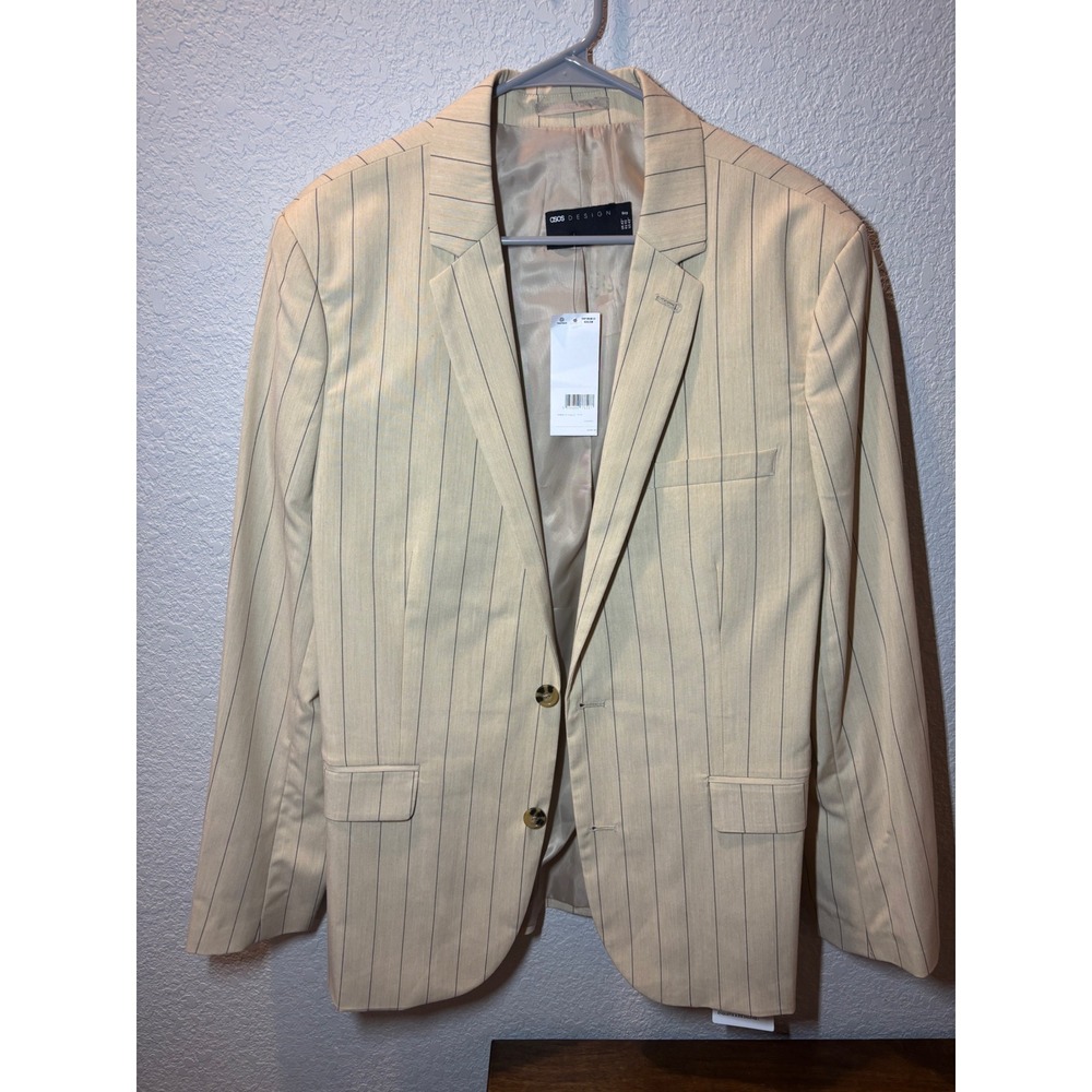 ASOS Design Pinstripe Blazer Two Button Jacket Modern Fit Beige Size 42